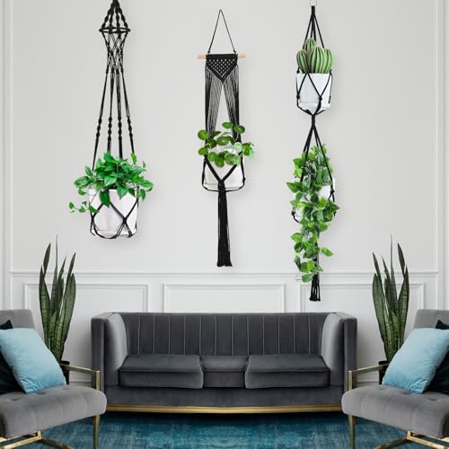 Macrame Plant Hangers, 6Pack Hanging Plant Holders Indoor, Black - color: Black