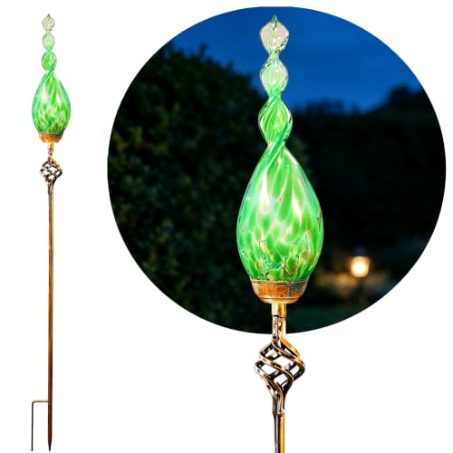 Solar Garden Stakes, Garden Solar Lights with LED Flame, Hand Blown Glass Decorative Garden Stakes, Weatherproof Outdoor Yard Porch Decor - color: Green