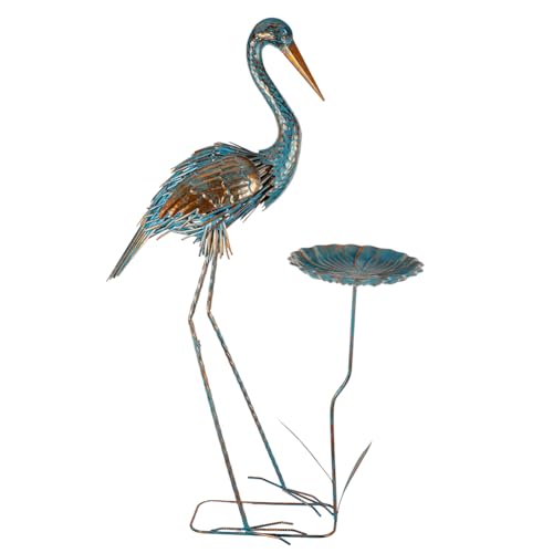 Metal Crane Garden Statue for Outside with Leaf Tray - color: Gold & Blue-crane