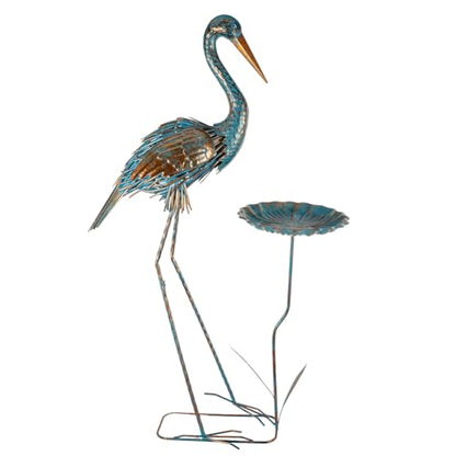Metal Crane Garden Statue for Outside with Leaf Tray - color: Gold & Blue-crane