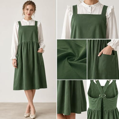 Cotton Linen Apron Cross Back Apron for Women with Pockets Pinafore Dress - color: Green