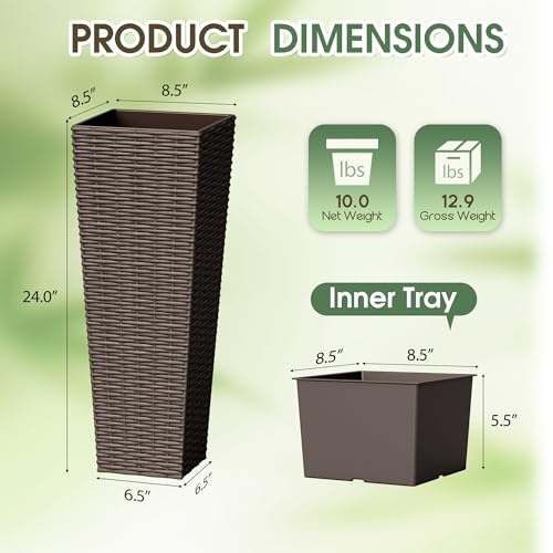 Greesum 23 Inch Tall Plastic Planters with Rattan Texture – Set of 2, Brown - color: Brown, size: 24" without Tray