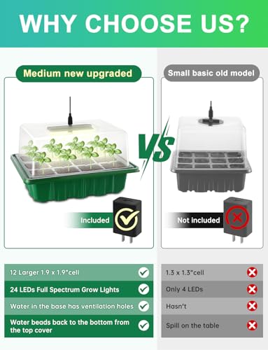 Seed Starter Tray Medium Size 4 Packs, Seed Starter Kit with Upgraded 24 Full Spectrum LEDs, Adjustable Brightness and Timer, with Drainage Holes, Tools and Labels for Indoor Plant Growing - size: M×4 without heat mat