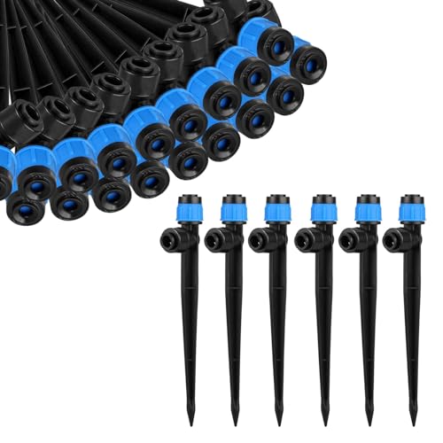 60 Pcs Drip Irrigation Emitters with Stake - Adjustable Drip Emitter Vortex for 1/4" Drip Line Irrigation Tubing - Drip Irrigation System Parts Drippers Sprinkler Heads for Garden Watering System-Blue - style: 60 Pcs Blue Drip Emitters Vortex