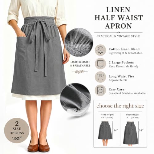 Linen Half Waist Apron for Women with Pockets Pioneer Aprons 2 Size - color: Grey