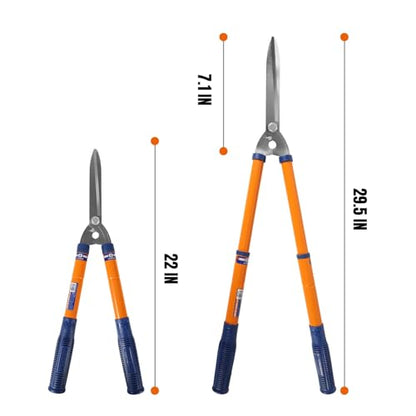 WADFOW Hedge Clippers:Bush Clippers With Adjustable Length Handle and Wavy SK-5 Steel Blade,Hedge Shears for Pruning Borders and Bushes, Blue and Yellow