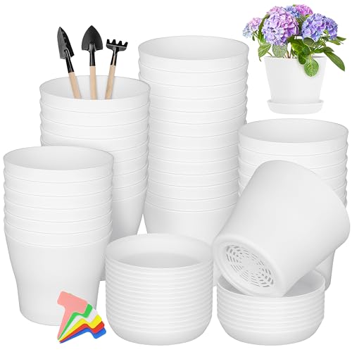 Hahood 36 Pack 5.5 Inch Plastic Plant Pots with Saucers White Flower Plant Container Seed Starting Pots Thickened Seedlings Nursery Pot for Home Garden Indoor Outdoor Flowers - color: White, size: 5.5 Inches