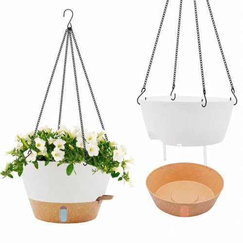 ZMTECH Large 12Inch Self Watering Hanging Planter, Water Window & Chain - color: White