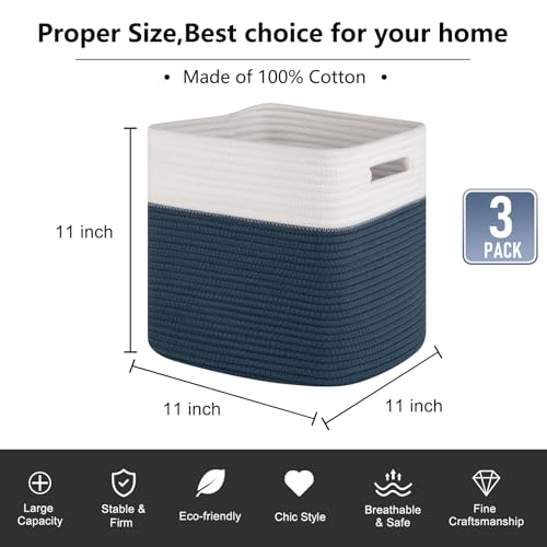 OIAHOMY Storage Cubes 11 Inch Storage Bins 3-Pack Square Baskets Blue - color: White & Blue
