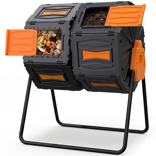 Compost Tumbler, 45-Gal Dual Chamber Compost Bins, BPA-Free Tumbling Composting Bins with 2 Sliding Doors and Metal Frame,Easy Assembly Large Composter Tumbler Outdoor Compost Bin Kitchen - color: Orange