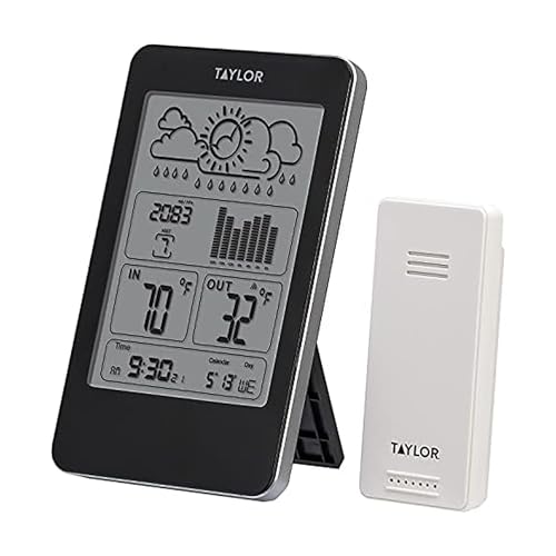 Taylor Digital Wireless Indoor Outdoor Thermometer and Barometer with Timer, Easy-to-Read Display for Home, Office, Greenhouse, Nursery, and Indoor Areas, Black
