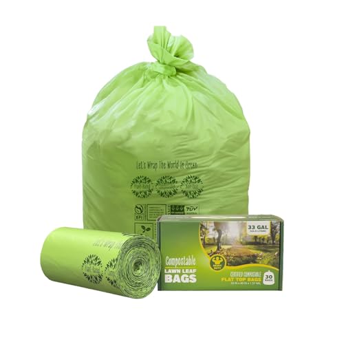 30-33 Gallon Compost Bags 30 Bags Yard Waste Bags Flat-Top Liners Compostable Trash Bags Heavy Duty Extra Thick 1.57 Mil, 124.92 Liter Lawn and Leaf Bags BPI ASTM D6400 and OK Compost Home Certified - style: 33 GAL (Flat-Top Bags, 30 Counts)