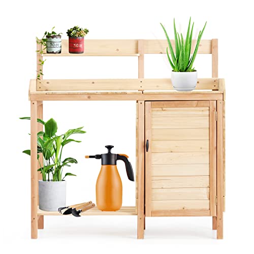 Outdoor Wooden Potting Bench Table with Sink, Garden Table Work Bench with Storage, Workstation for Outside Patio Lawn, Natural