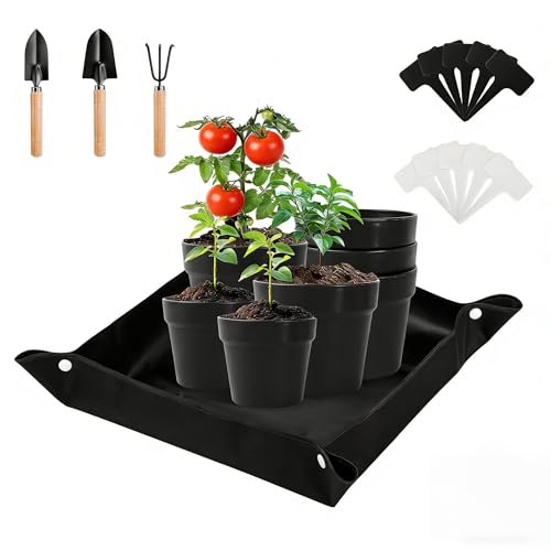 18PCS Reusable Seed Starter Kit Includes 5pcs 5.7" & 2pcs 5" Nursery Pots with Base, Repotting Mat, Plant Labels and 1 Set of Seedling Tools for Easy Transplant