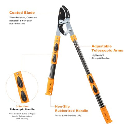 Loppers for tree trimming heavy duty extendable 24.8-43.7 inches,Tree pruning shears Rust Resistant Sharp Steel Blade Tree Limb Trimmer，Shock-Absorbing design, Non-slip Handle，Garden Tools