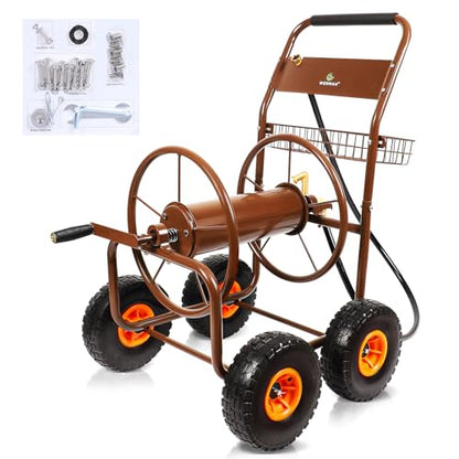 WERMAH Upgrade Hose Reel Cart, Garden Hose Cart 4 Wheels, Holds 300ft 5/8"