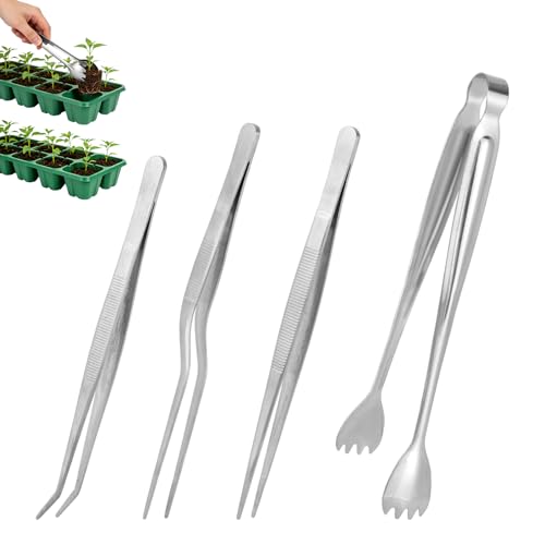 Penitue Seedling Transplant Tongs & 3pcs Tweezers Set, Stainless Steel Seedling Transplant Pliers Long Thin Seed Starter Tools for Planting Small Gardening Lowering Root Damage