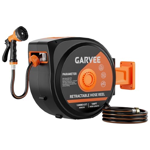 Garvee Retractable Garden Hose Reel, 1/2 Inch x 100 ft Wall Mounted Heavy Duty Garden Hose Reel with 10 Patterns Nozzle, Any Length Lock, Upgraded Slow Return System and 180°Swivel Bracket - size: 1/2" 100FT