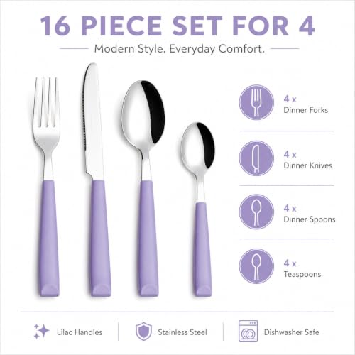 EXZACT 16 pcs Flatware Set Stainless Steel Wide Handles Serves 4 Lilac - color: Lilac x 16