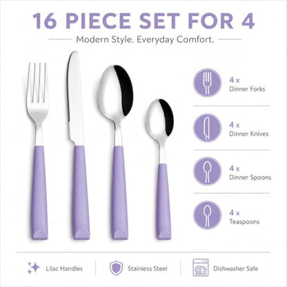 EXZACT 16 pcs Flatware Set Stainless Steel Wide Handles Serves 4 Lilac - color: Lilac x 16