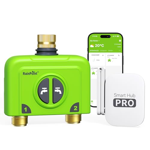 RAINPOINT WiFi Water Timer for Garden Hose, 2 Zone WiFi Sprinkler Controller, Smart Hose Timer Valve, Automatic Drip Irrigation System/Rain Delay for Garden/Lawn - color: Lime Green, style: Brass Outlet Timer with WiFi Hub