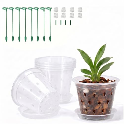 Orchid Pot -6 Pack 4 Inch Orchid Pots with Holes and Saucers, Clear Plastic Plant Pots with 8 Support Stakes and Clips, Orchid Repotting Kit for Indoor Plants - size: 4"×6