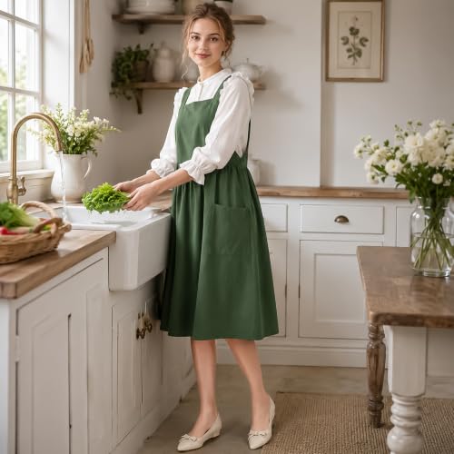 Cotton Linen Apron Cross Back Apron for Women with Pockets Pinafore Dress - color: Green