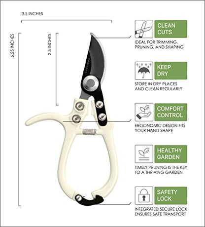 Bypass Garden Hand Pruner & Ergonomic Pruning Shears - Cream