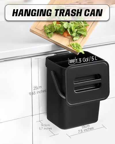 1.3 Gal Kitchen Compost Bin, Hanging Small Trash Can, 5L, Black - color: BLACK, size: 5 L / 1.3 Gal - Lid