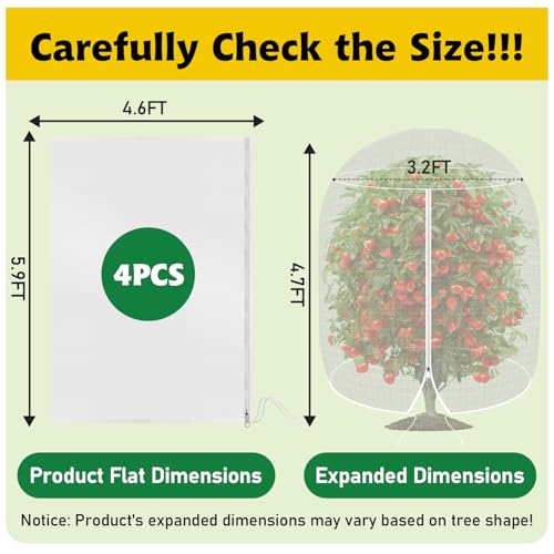 OZMI 4 Pack Fruit Tree Blueberry Bush Netting Cover, 4.6Ft x 5.9Ft Reusable Bird Netting for Garden Protection with Zipper & Drawstring, Shrubs Tomato Strawberry Plant Bushes Protector - size: 4.6 x 5.9 FT