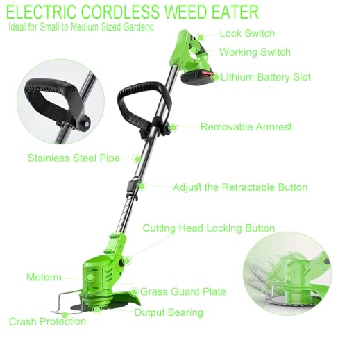 Cordless Weed Wacker with Wheels,Electric Weed Eater Battery Powered - color: Green