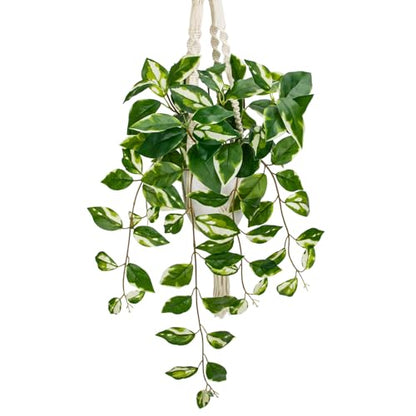 Briful Macrame Hanging Plant with Fake Pothos in White Pot, White N' Joy Faux Hanging Decor for Home Ceiling, Farmhouse Kitchen