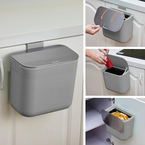 1.85 Gal/7L Hanging Trash Can, Stainless Steel Compost Bin with Lid & Hook, Small Garbage Can for Kitchen Counter, Bathroom Sink, Office Desk, Space-Saving Rubbish Bin - Grey - size: 1.85 Gallon /7 Liter