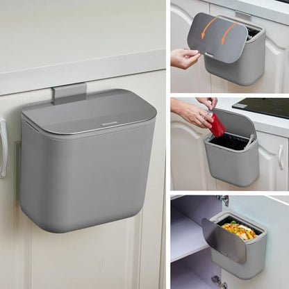 1.85 Gal/7L Hanging Trash Can, Stainless Steel Compost Bin with Lid & Hook, Small Garbage Can for Kitchen Counter, Bathroom Sink, Office Desk, Space-Saving Rubbish Bin - Grey - size: 1.85 Gallon /7 Liter