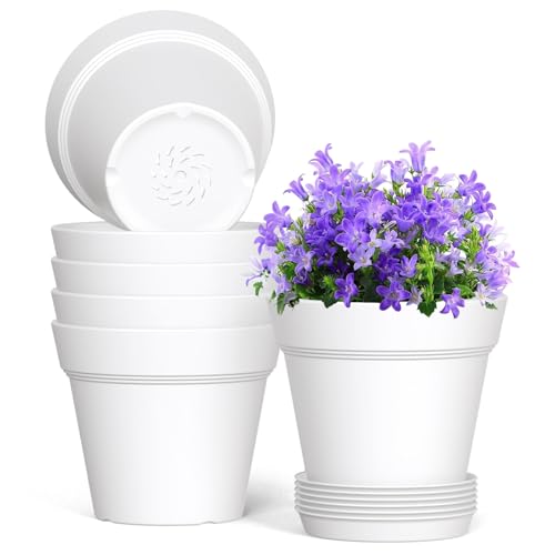 WSMKSZ 5 Inch Plastic Plant Pots with Drainage Holes and Trays – 6 Pack Small Nursery Pots for Indoor & Outdoor House Plants and Flowers, Seedling Starter Planters, White - color: White, size: 5in 6pcs