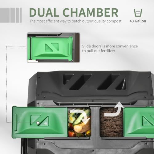 Outsunny Tumbling Compost Bin 360° Dual Chamber 43 Gallon, Green - color: Green