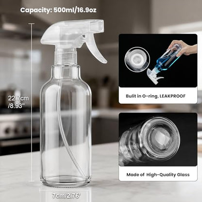 16.9oz Clear Glass Spray Bottles 2 Pack, Adjustable Mist Stream - color: Clear