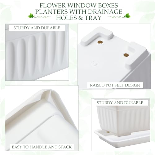 FillTouch 6 Packs 23 Inch Window Flower Box Extra Large Window Sill Herb Garden Long Rectangle Planter Plastic Boxes Outdoor with Drainage Trays Boxes for Balcony Windowsill Patio Garden - size: 23 Inch