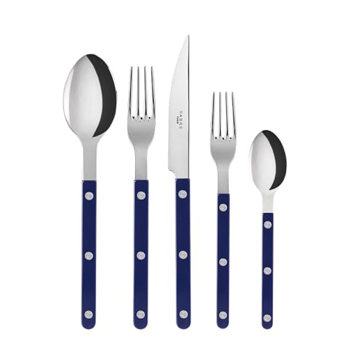 SABRE PARIS - 20-Piece Flatware Set for 4 - Bistrot Collection - Knife, Fork, Soup Spoon, Teaspoon & Dessert Fork - Stainless Steel & Nylon - Dishwasher Safe - Navy Blue - Shiny Finish - color: Navy Blue, size: 20 Pieces