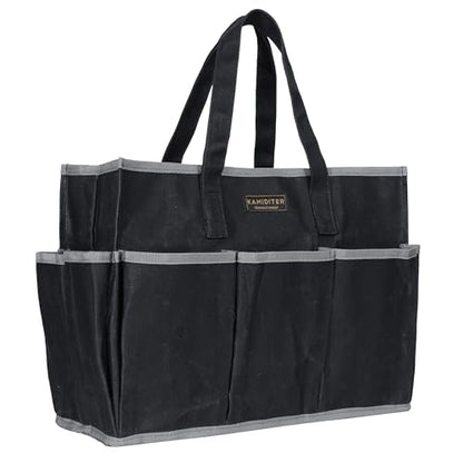 Waxed Canvas Tote Bag, Heavy Duty Multi-Purpose Canvas Tool Bag with 10 Pockets for Screwdrivers/Wrench/Pliers/Electricians Storage, Black - color: Black