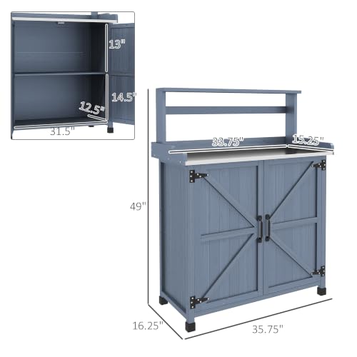 Outsunny Potting Bench, Outdoor Wooden Potting Table w/ 2 Shelves, Gray