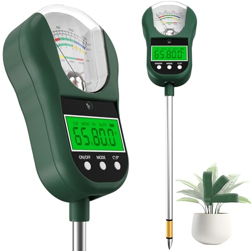 Soil Test Kit, 7 in 1 Soil Ph Meter/Soil Tester for Moisture/Sunlight Intensity/Fertility, Digital Soil Temp/Air Temp&Humidity with Dual Screen for Gardening,Lawn,Farm Indoor&Outdoor Plants-MossGreen