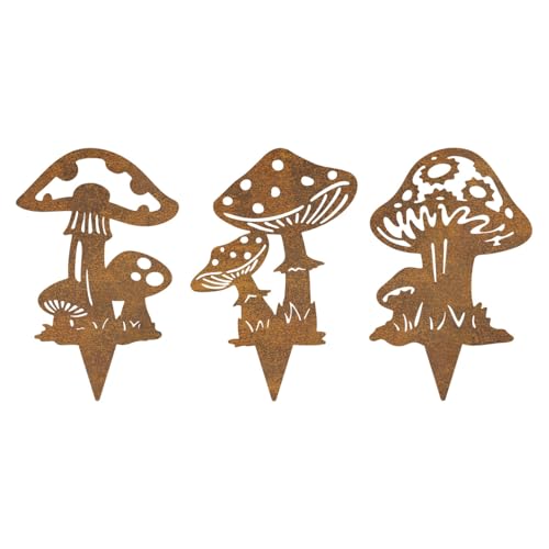 Resama 3 Piece Rusty Metal Mushroom Garden Stakes - color: Mushroom-R