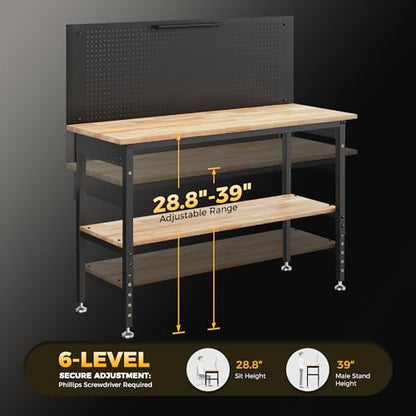 CAMMOO 60" Work Bench with Storage & Pegboard, 2000LBS Max Load, Storage Shelf & Power Strip