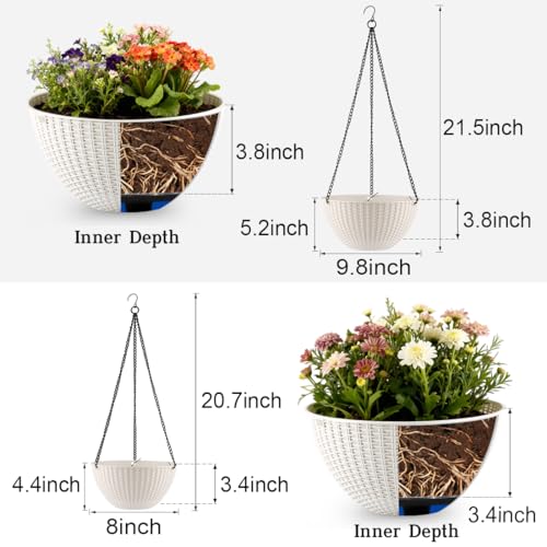Hanging Planters 8 Inch & 10 Inch, 4 Pack Self Watering Baskets, White - color: White, size: 8 and 10 Inch-4P