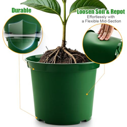 RooTrimmer 5 Gallon 12 Inch Plastic Nursery Pots, Plant Containers with Drainage Holes, Round Sturdy Garden Planters for Indoor/Outdoor Greenery, Gardening Gifts for Women (5-Pack, Green) - size: 5Gallon-5P-Green