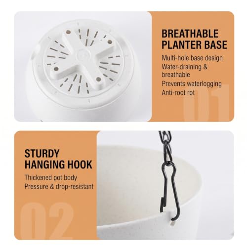2 Pack Self Watering Hanging Planters: 9.7 Inch Pots with Chain Tray, White - color: White