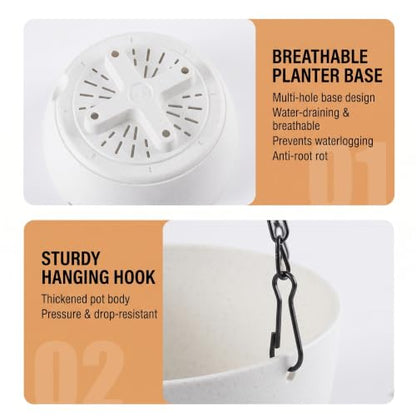 2 Pack Self Watering Hanging Planters: 9.7 Inch Pots with Chain Tray, White - color: White