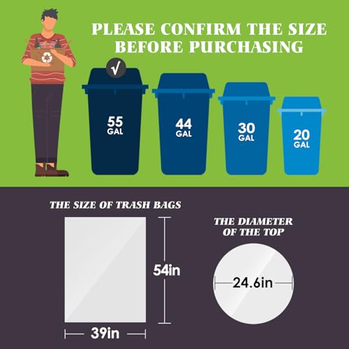 Teivio Large Clear Trash Bags 55-60 Gallon 20 Count 50+ Gal Garbage Bags