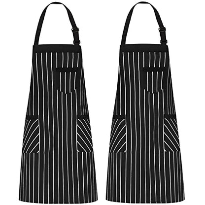 NLUS 2 Pack Cooking Aprons for Women with Pockets Adjustable Kitchen Bib Aprons for Women Men Chef, Black/White Stripe (Black/White Stripes) - color: Dark Black/White-2